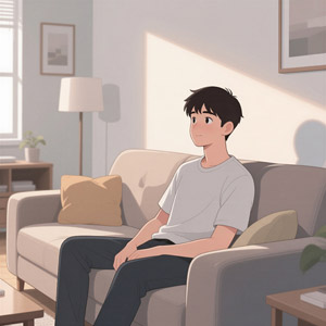 AI画像 自宅ソファーに座る若い男性