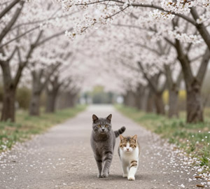 AI画像 桜のトンネルを歩く2匹の猫