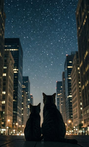 AI画像 夜の都市で星空を見ている猫の親子の後ろ姿