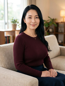 AI画像 ソファーに座る中年のアジア人女性