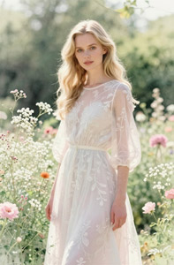 AI画像 花畑に立つブロンドヘアの外国人女性