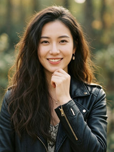 AI画像 顎に指を当てる革ジャン姿のアジア人女性