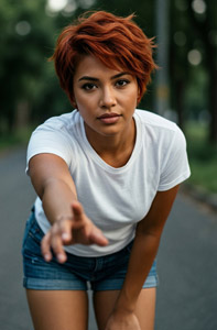 AI画像 前かがみになって手を伸ばす外国人女性