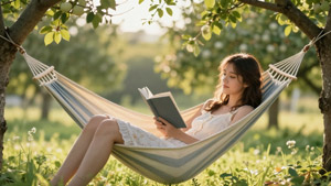 AI画像 ハンモックの上で本を読むアジア人女性