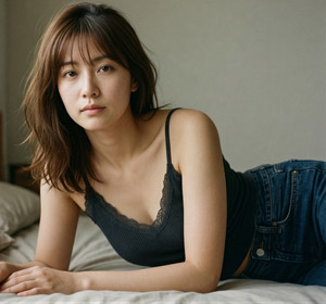 AI画像 キャミソールとジーンズ姿でベッドに横たわるアジア人女性