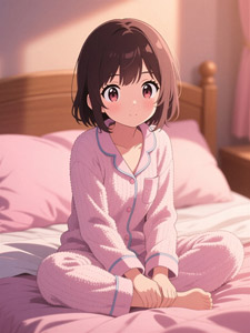 AI画像 パジャマ姿でベッドの上に座る少女
