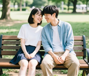 AI画像 公園のベンチに座るカップル