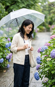 AI画像 傘を差して紫陽花の花を見るアジア人女性