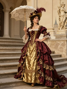 AI画像 ヴィクトリア調のドレスを着て日傘を差す外国人女性