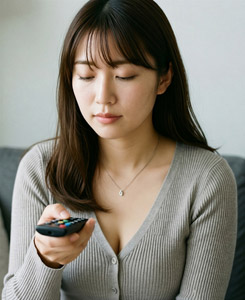 AI画像 テレビのリモコンのボタンを押すアジア人女性