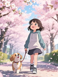 AI画像 犬と一緒に桜並木を歩く女の子