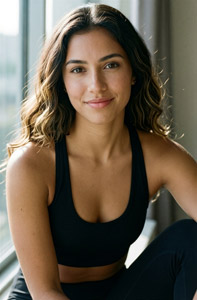 AI画像 窓辺に座るスポーツブラ姿の外国人女性