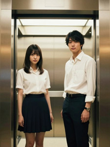 AI画像 エレベーターの前の男子学生と女子学生