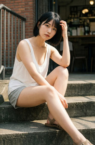 AI画像 店の前の段差に座るタンクトップとショートパン姿のアジア人女性