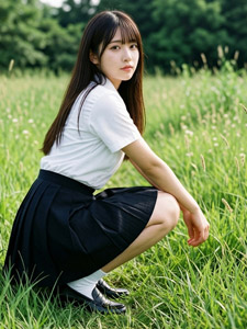 AI画像 草むらにしゃがむ女子学生