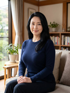AI画像 自宅でくつろぐ中年のアジア人女性