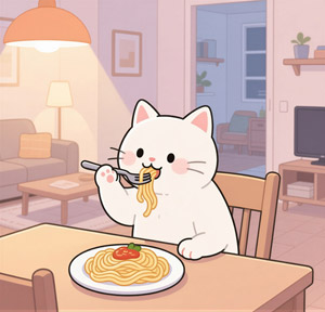 AI画像 パスタを食べる白猫