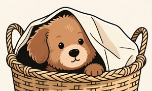 AI画像 籠の中に隠れた子犬