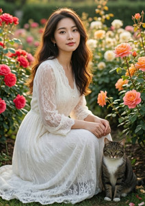 AI画像 花畑にいるアジア人女性のと猫