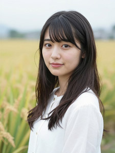 AI画像 田んぼの前に立つ若いアジア人女性