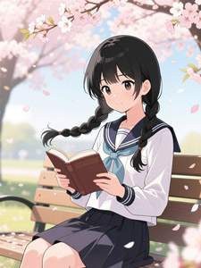 AI画像 桜が咲く公園のベンチで本を読む女子学生