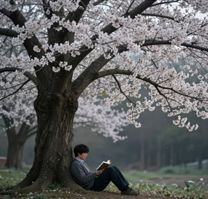 AI画像 桜の木にもたれかかって本を読む男性
