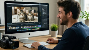 AI画像 愛猫の動画を編集する外国人男性