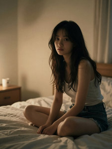 AI画像 薄明りの部屋でベッドに座るアジア人女性
