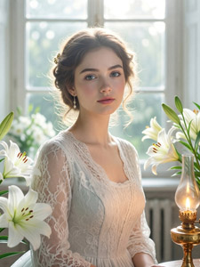 AI画像 百合の花とランプと外国人女性