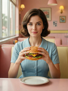 AI画像 1950年代のレストランでハンバーガーを食べる外国人女性