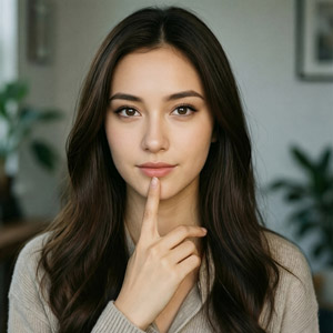 AI画像 顎に指を当てた若い外国人女性