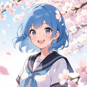 AI画像 桜の花と青い髪の女子学生