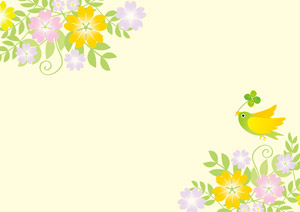 フリーイラスト 四葉のクローバーを咥えた小鳥と春の花のフレーム