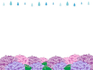 フリーイラスト 雨粒と紫陽花の花畑のフレーム