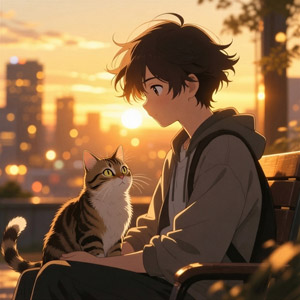 AI画像 夕日と猫を膝の上に乗せてベンチに座る少年