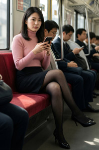 AI画像 電車で偶然目が合うアジア人女性