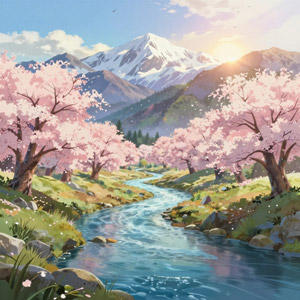 AI画像 山と桜との木々と小川の風景