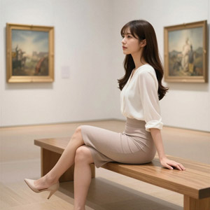 AI画像 美術館でベンチに座りながら作品を鑑賞するアジア人女性