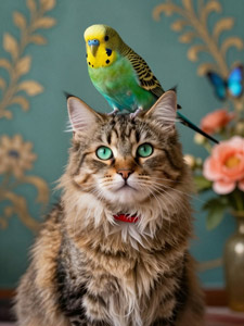 AI画像 頭の上にインコが乗った猫