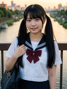 AI画像 橋の上に立つツインテールの女子学生