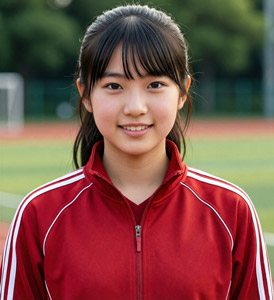 AI画像 ジャージ姿で運動場に立つ女子学生