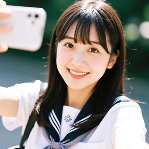 AI画像 スマホで自撮りするセーラー服姿の女子学生