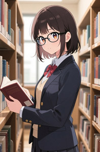AI画像 図書室にいる眼鏡をかけた女子学生