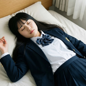 AI画像 制服を着たままベッドで眠る女子学生
