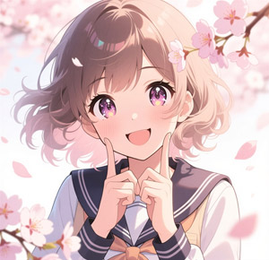 AI画像 桜の花と人差し指を頬に当てた女子学生