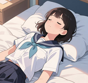 AI画像 セーラー服のままベッドで眠る女子学生