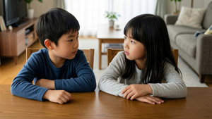 AI画像 食卓で話す兄と妹