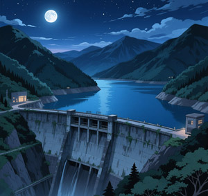 AI画像 夜の重力式コンクリートダム