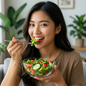 AI画像 サラダを食べるアジア人女性