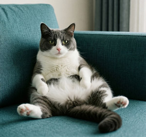 AI画像 股を開いてソファーに座る猫